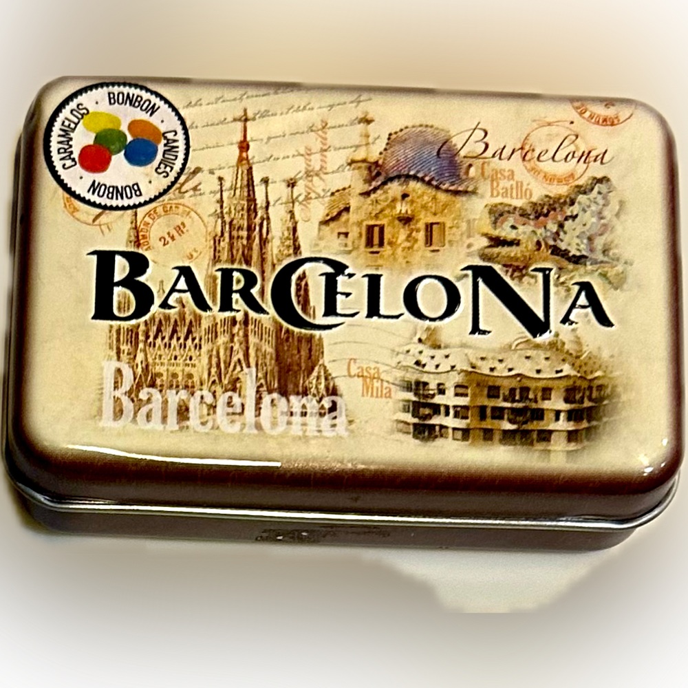BARCELONA HINGED BON BON PERLAS TIN SOUVENIR STORAGE TRINKETS 4” EMPTY—NO CANDY